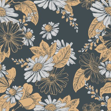 El çizimi papatyalar, çan çiçekleri ve soyut siyah arka planda yapraklarla kusursuz desen.