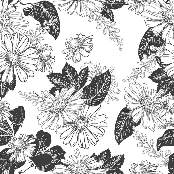 Elle çizilmiş kusursuz desen siyah beyaz papatyalar, çan çiçekleri ve yapraklar soyut siyah arkaplanda. — Stok Vektör