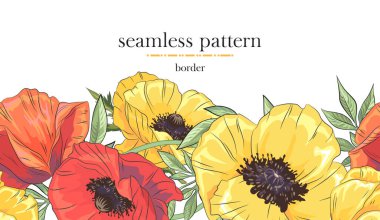 Renkli haşhaş ile kusursuz sınır deseni. Elle çizilmiş kusursuz bir şerit. Vektör illüstrasyonu