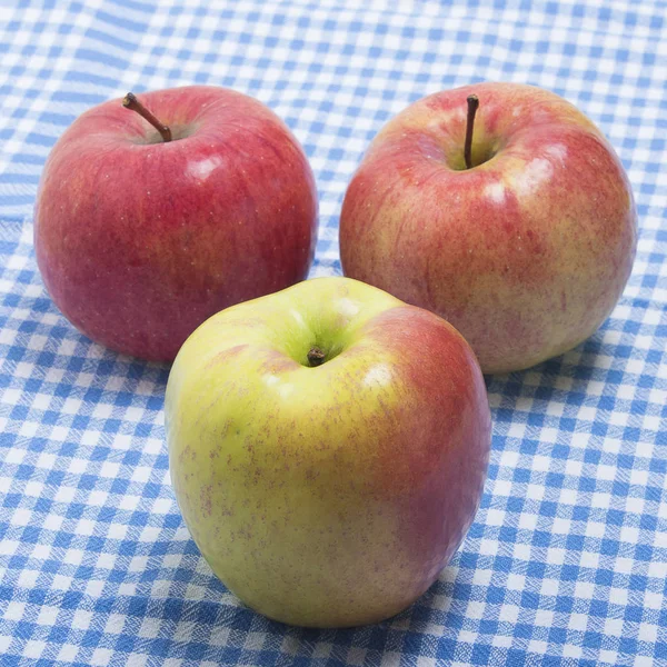 Três maçãs maduras em uma toalha de cozinha — Fotografia de Stock