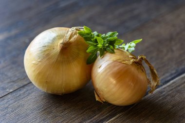 Soğan ve fesleğen ahşap arka plan üzerinde