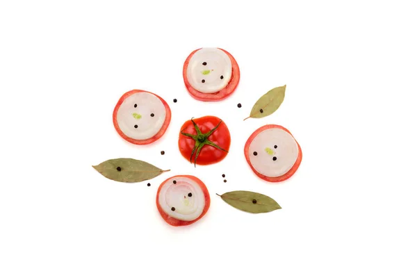 Top view. Slices of tomato and onion with pepper. Stock Photo