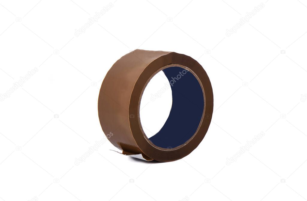 A roll of brown duct tape isolated on a white background.