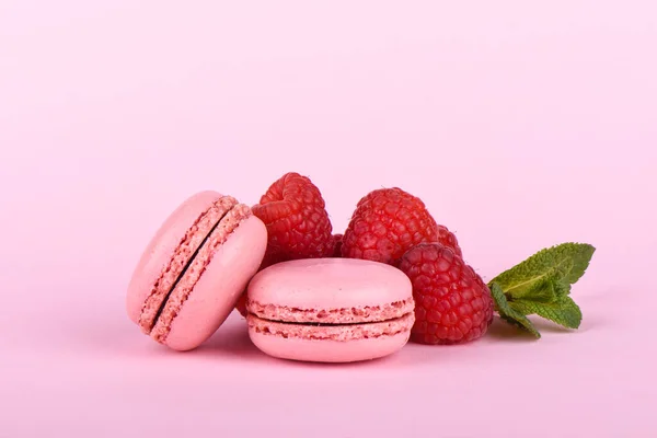 Two pink macaroon with raspberries and mint leaves isolated on a pink background. — Stock Photo, Image