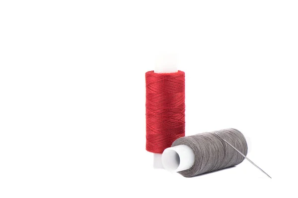 Close Photo Spool Red Gray Thread Needle Isolated White Background — Stock Photo, Image