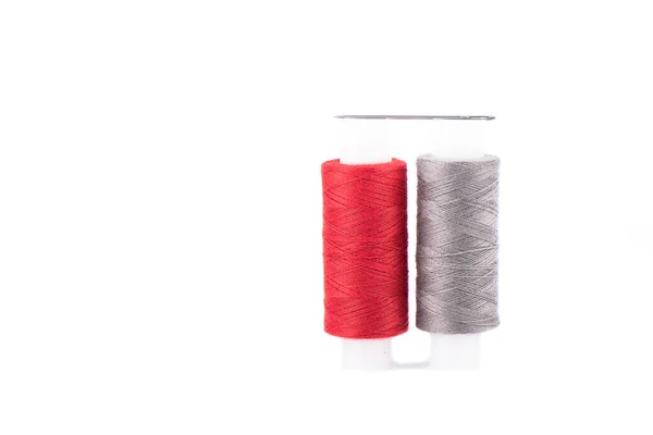 Close Photo Spool Red Gray Thread Needle Isolated White Background — Stock Photo, Image