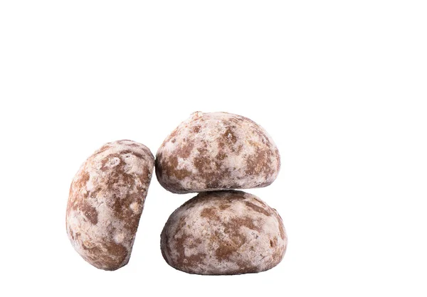 Three Glazed Gingerbreads Fruit Filling Isolated White Background Copy Space — Stock Photo, Image