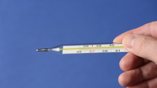 ガラス水銀温度計は 人体の通常の温度をそのスケールで示しています 温度計を回して読み取り値を確認します — ストック動画