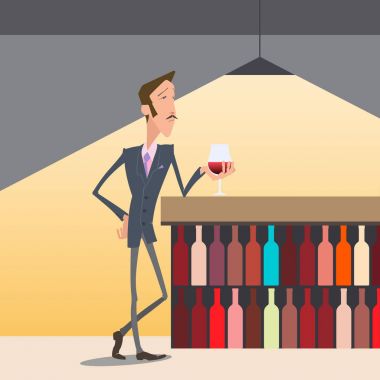A man with a glass of wine at the bar counter. clipart