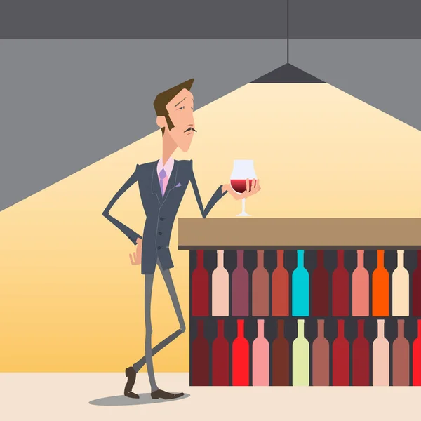 Man Glass Wine Bar Counter — Stock Vector
