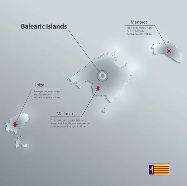 Ilhas Baleares, Maiorca, Menorca, Ibiza mapa bandeira papel cartão de vidro vetor 3D —  Vetores de Stock