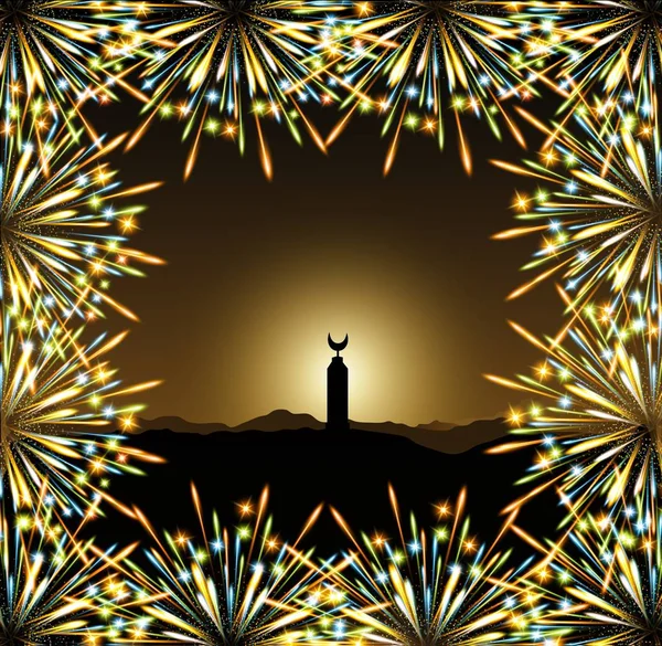 Ramadan Minarett arabische Moschee, Feuerwerk Farben Rahmenvektor — Stockvektor