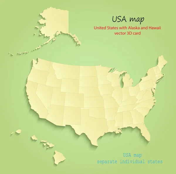 EUA com mapa do Alasca e Havaí separam estados individuais verde vetor amarelo — Vetor de Stock