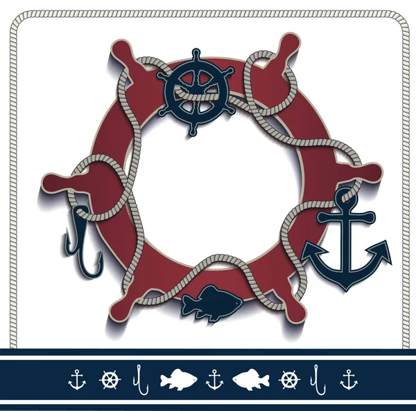 Icônes de cadre marin de gouvernail cordage rouge blanc vecteur — Image vectorielle