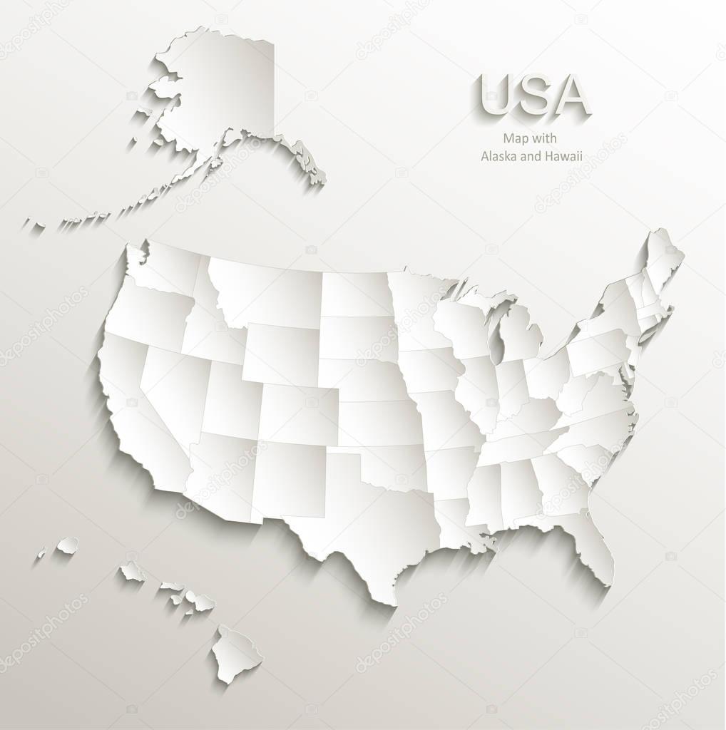 USA map with Alaska and Hawaii, separate states individual, card paper 3D natural vector