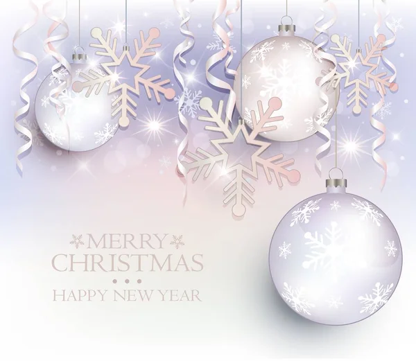 Natale palla stella fiocco sfondo viola bianco, biglietto di auguri, vettore — Vettoriale Stock