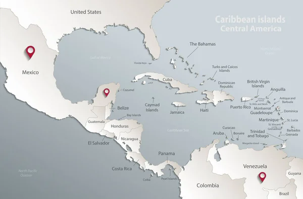 Islas Del Caribe Mapa América Central Nombres Estados Estados Separados — Vector de stock