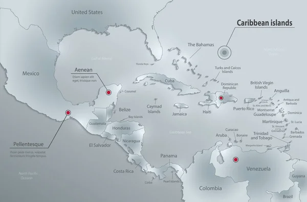 Caribbean Adaları Orta Amerika Haritası Devlet Adları Ayrı Devlet Cam — Stok Vektör