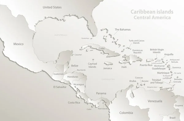 Islas Del Caribe América Central Mapa Estados Separados Tarjeta Papel — Vector de stock