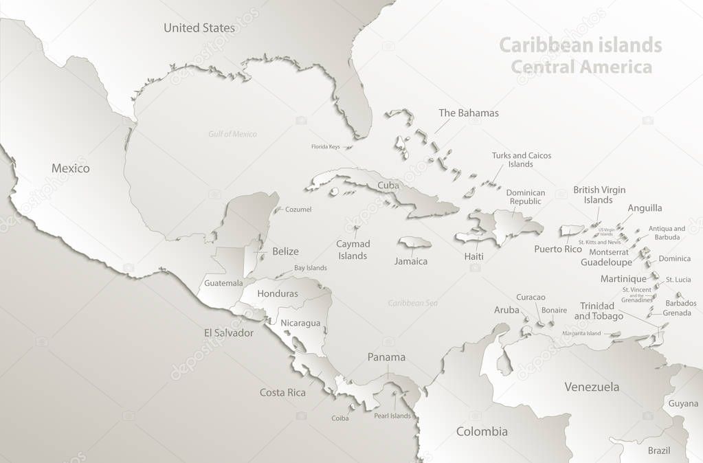 Caribbean islands Central America map, separate states, card paper 3D natural vector