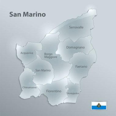 San Marino haritası bölgeleri ayırır ve ayrı bölgeleri isimlendirir, tasarım cam kart 3d vektörü
