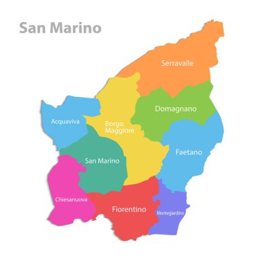 San Marino haritası, idari bölüm, isimleri olan ayrı bölgeler, beyaz arkaplanda izole edilmiş renk haritası.