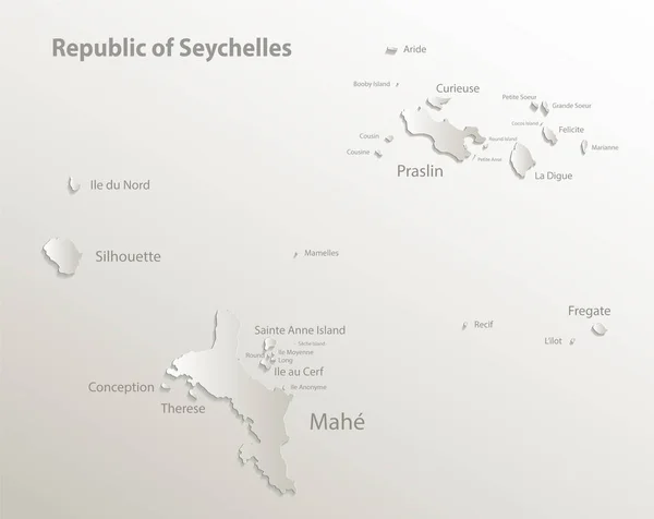 Mapa Seszeli Nazwami Wysp Seszeli Efekt Papier Naturalny — Wektor stockowy