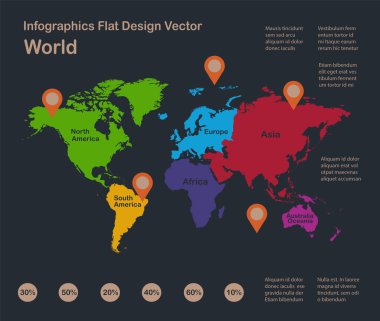 Bilgi Grafikleri Dünya haritası, düz tasarım renkleri, bireysel durumların isimleri, turuncu noktalı mavi arkaplan vektörü