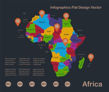  Bilgi grafikleri Afrika haritası, düz tasarım renkleri, bireysel devletlerin ve adaların isimleri, turuncu noktalı mavi arkaplan vektörü