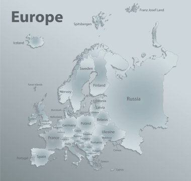 Europe map, new political detailed map, separate individual states, with state names,, glass card paper 3D clipart