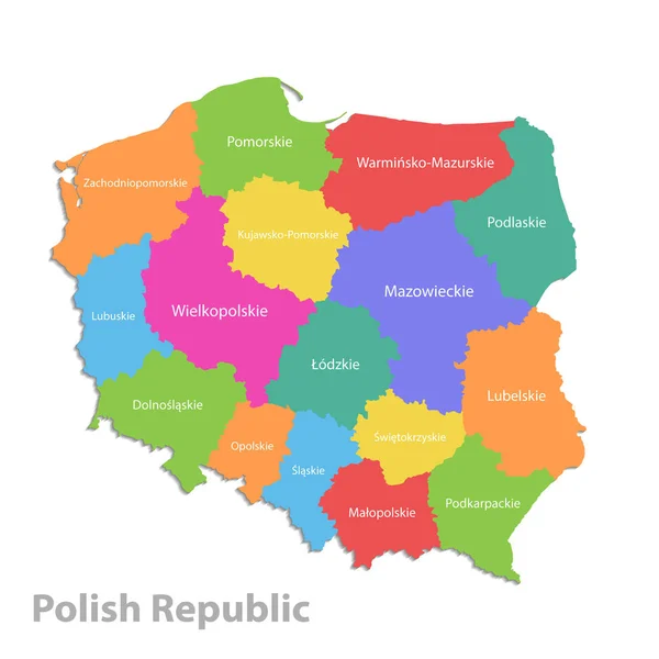 波兰地图 波兰共和国行政区划 有国家名称的单独国家 以白色背景为背景的彩色地图 — 图库矢量图片