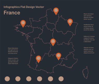  Bilgi grafikleri Fransa haritası özeti, düz tasarım, mavi turuncu renk
