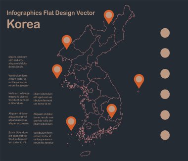  Bilgi grafikleri Kore harita taslağı, düz tasarım, mavi turuncu renk
