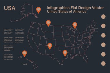  Alaska ve Hawaii haritalı Usa bilgi grafikleri düz tasarım, mavi turuncu vektör