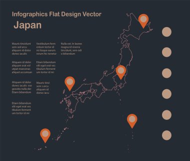  Bilgi grafikleri Japonya haritası, düz tasarım, mavi turuncu vektör