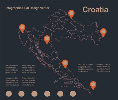 Bilgi grafikleri Hırvatistan harita taslağı, düz tasarım, mavi turuncu vektör
