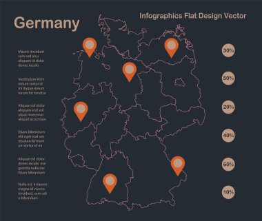 Bilgi grafikleri Almanya harita taslağı, düz tasarım, mavi turuncu vektör