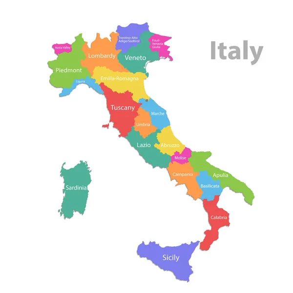 Mapa Włoch Podział Administracyjny Nazwami Mapa Kolorów Odizolowana Białym Wektorze — Wektor stockowy