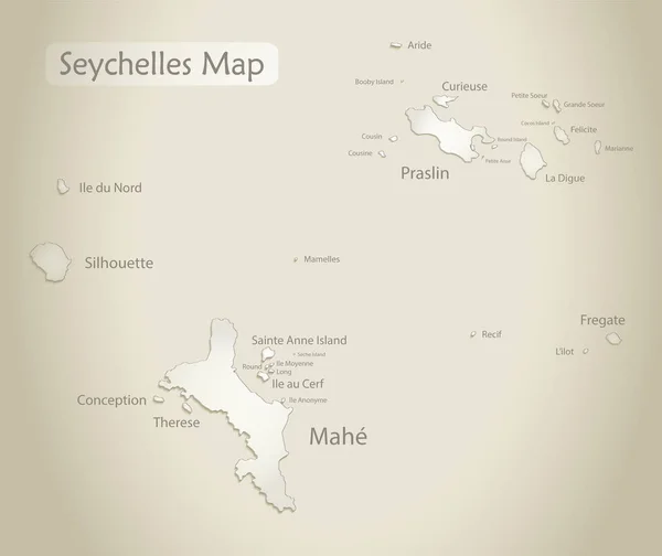 Seychelská Mapa Ostrovy Názvy Starý Papírový Podkladový Vektor — Stockový vektor