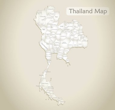 Tayland haritası, isimlerle idari bölüm, eski kağıt arkaplan vektörü