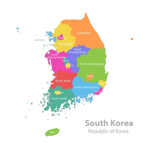 韩国地图 大韩民国 有国名的行政区划 用白色背景矢量分隔的彩色地图 — 图库矢量图片