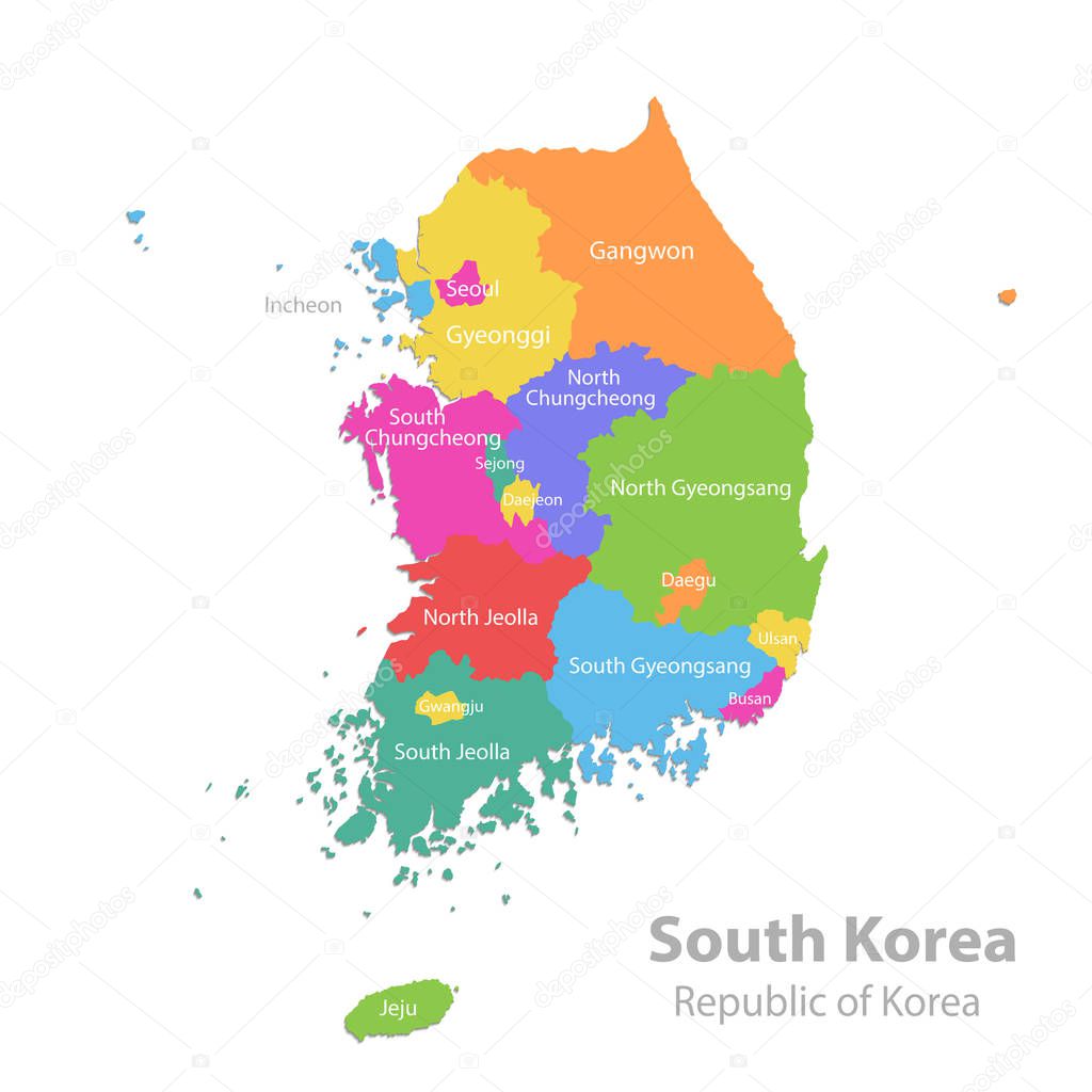 South Korea map, Republic of Korea, administrative division with state names, color map isolated on white background vector