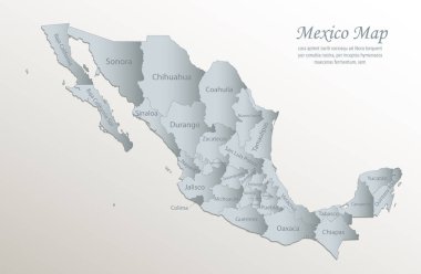 Mexico map, administrative division with names, white blue card paper 3D vector clipart