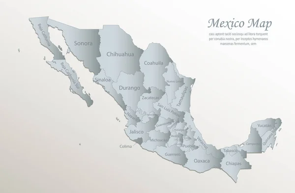 Mexico Kaart Administratieve Indeling Met Namen Wit Blauw Kaart Papier — Stockvector