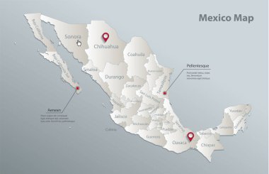 Mexico map, administrative division with names, blue white card paper 3D vector
