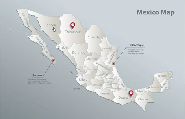 Mexico map, administrative division with names, blue white card paper 3D vector