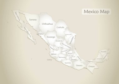 Mexico map, administrative division with names, old paper background vector clipart