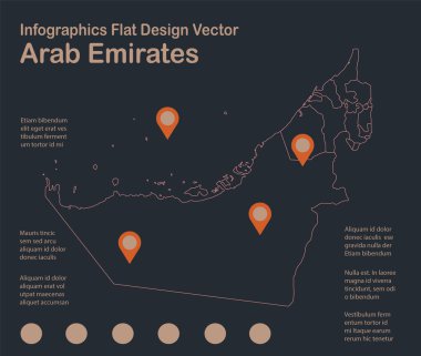 Bilgi Grafikleri Birleşik Arap Emirlikleri harita taslağı, düz tasarım, mavi turuncu vektör