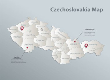 Çekoslovakya haritası, isimlerle idari bölüm, mavi beyaz kart 3d vektörü