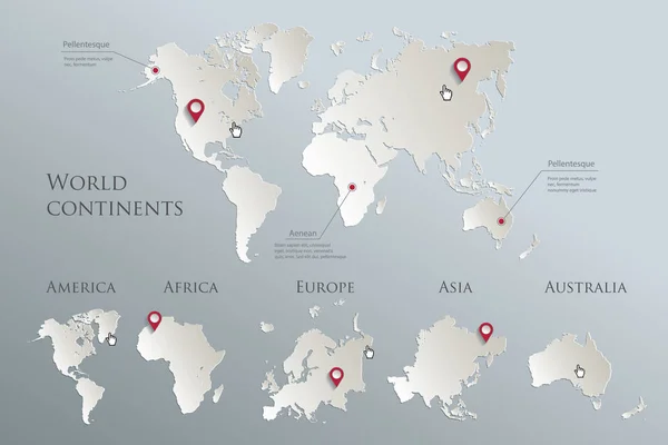 世界の大陸地図 アメリカ ヨーロッパ アフリカ アジア オーストラリア 青白カード紙3Dベクトル — ストックベクタ
